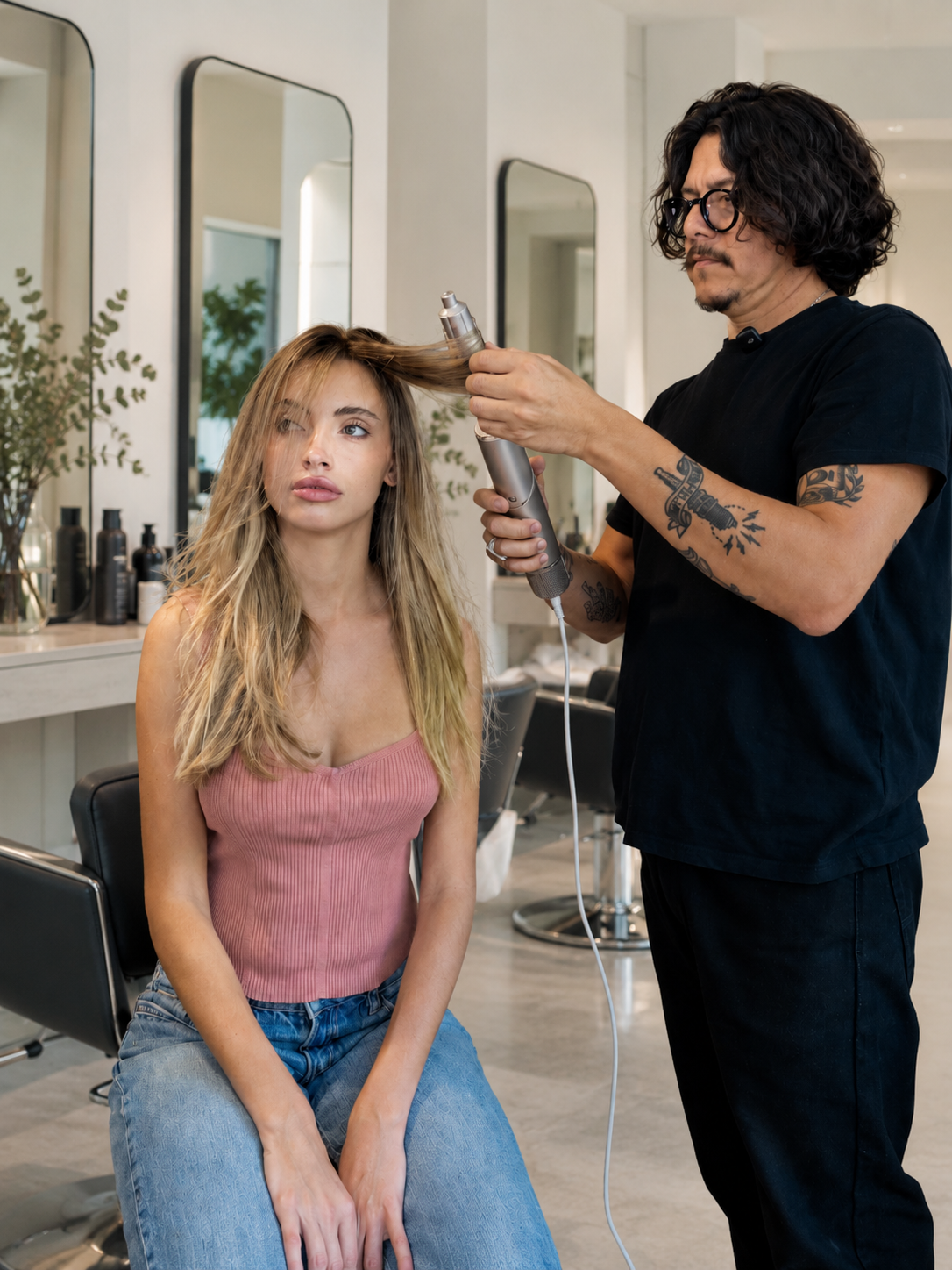 Peluquero profesional usando AirFlex con una cliente
